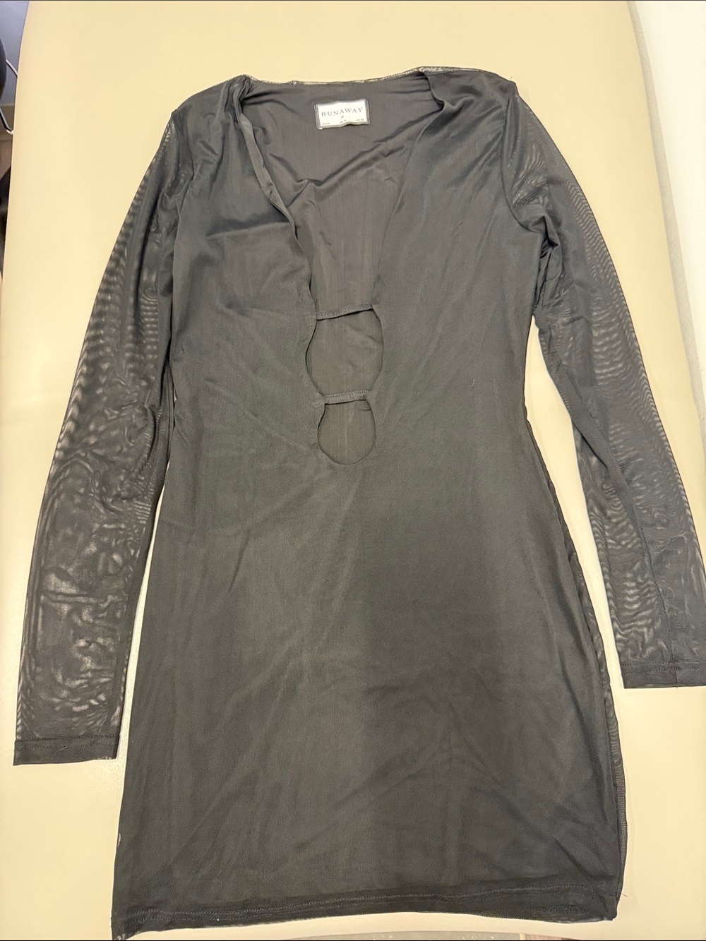 Away Black Long-Sleeve Sheer Mesh Mini Dress